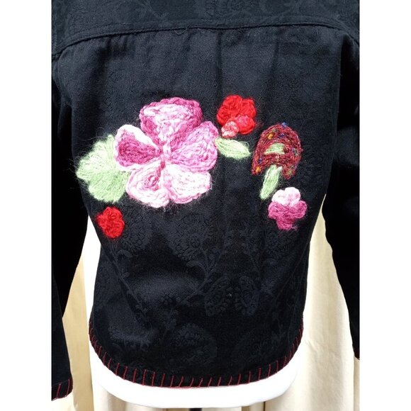 Choices Petite Womens Black Pattern Jacket Pink/Red Floral Applique Metal Button - Picture 2 of 12